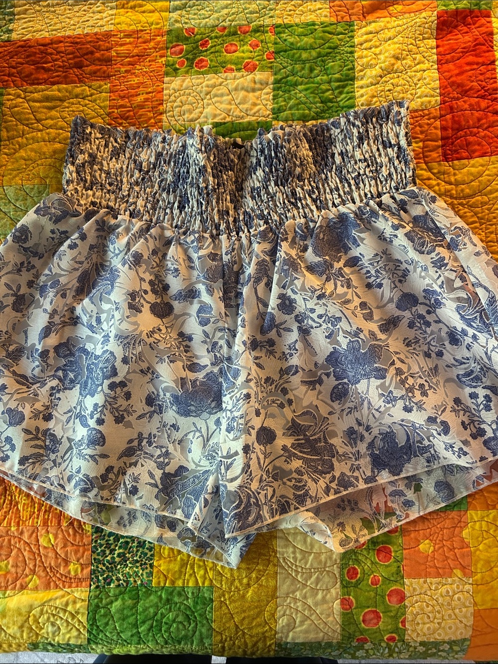AKIRA White Shorts with Blue Floral Print and Smocked Waist